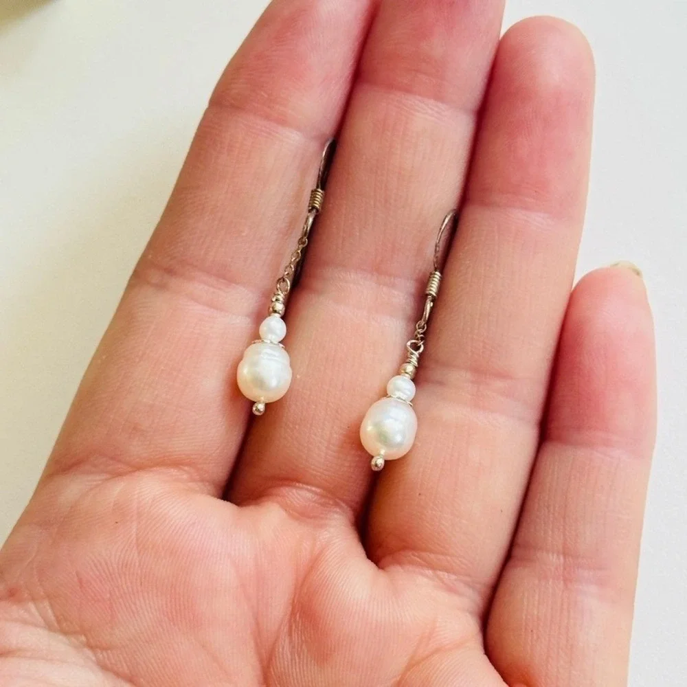 VTG Freshwater Pearl Baroque Earrings BOHO sterling 925 Dangle hook Artisan rare
